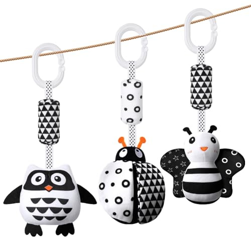 Aolso Kinderwagen Spielzeug, 3Pcs hängendes Rasselspielzeug, schwarz-weißes Spielzeug, Baby-Hängespielzeug, Neugeborenes Autositz-Spielzeug für Jungen und Mädchen, sensorisches Lernspielzeug