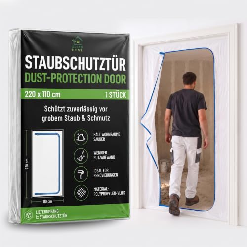 Green Home Staubschutztür mit beidseitigem Reißverschluss | 110 x 220 cm | Polypropylen-Vlies atmungsaktiv | Staubschutzwand für Renovierung Bauarbeiten | Set 1 Stück ohne Klebeband
