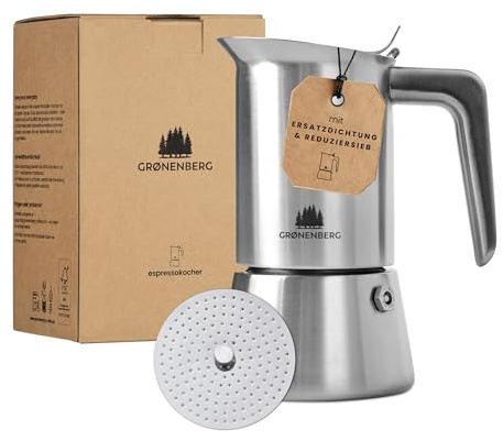 Groenenberg Espressokocher Induktion 4 o. 6 Tassen Espresso I Mokkakanne aus hochwertigem Edelstahl I Espressokanne mit Ersatzdichtung & Reduziersieb