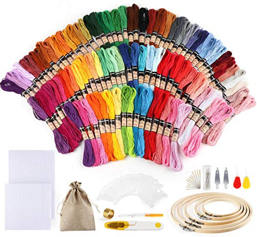 Homewit 100 Farben Stickerei Set,Kreuzstich Starter Kit Stickerei Basteln Crafts FlossSticken Set für Freundschaftsbänder Stickerei Nähgarne Häkeln +5 pcs Bambus Stickrahmen, 2pcs Tuch, Nadeln Set