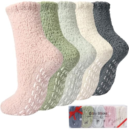 Caldodo Kuschelsocken Stoppersocken Damen, Dicke Warme Flauschige Socken | 5 Paare Bettsocken Haussocken Schlafsocken für Frauen, antirutschsocken mit Noppen, Thermo Wintersocken rutschsocken, 36-42