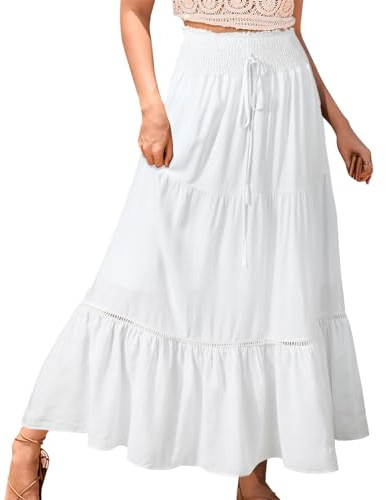 Genfien Röcke Damen Maxi Beach Skirt 2 in 1 Mit Kordelzug Einheitsgröße | Hohe Taille,Elastic Waistband,Bohemien,Elegant,A-Line,Maxirock
