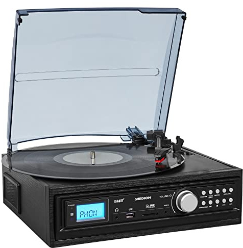 MEDION E69143 Schallplatten und Kassettendigitalisierer (eingebauter Lautsprecher, 33/45/78 U/min, direkte MP3 Umwandlung, MP3-Wiedergabe, SD Kartnleser, AUX Eingang, Kopfhörerbuchse) schwarz