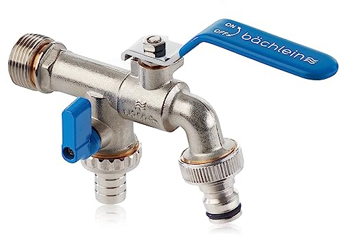 Bächlein Universal Doppel Auslaufhahn für den Garten [blau] inkl. 2 Schlauchanschlüssen - edler Doppelwasserhahn mit 1/2 Zoll Anschluss und 3/4 Zoll Adapter, Doppel Kugel-Auslaufventil
