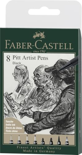 Faber-Castell - Tuschestifte Pitt Artist Pen, 8 Strichstärken Schwarz | Wasserfeste und lichtbeständige Zeichentusche mit Fude-, Brush- und Finelinerspitzen für Skizzen und Illustrationen
