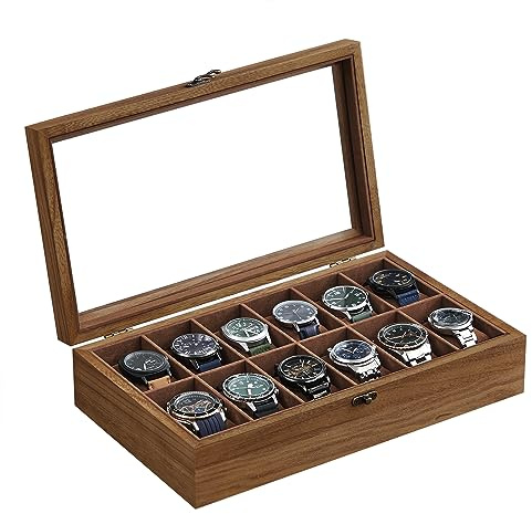 SONGMICS Uhrenbox mit 12 Fächern, Uhrenkasten aus Massivholz, mit Glasdeckel, Uhrenkissen, Geschenk für Ihre Liebsten, walnussfarben JOW120K01