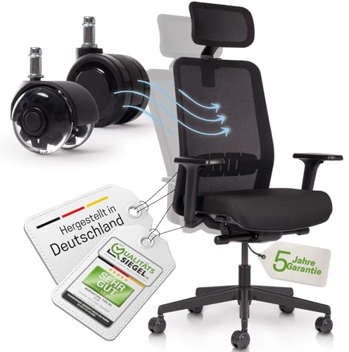 YOS S5 | Ergonomischer Bürostuhl gegen Rückenschmerzen (Modern - Blade Wheels - mit Kopfstütze, Schwarz)