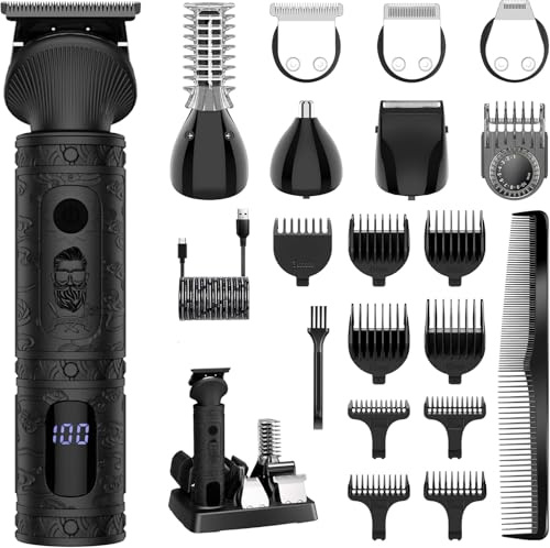 Surker Haarschneidemaschine Set Profi Haarschneider Herren Präzisionstrimmer Barttrimmer Bartschneider Rasierer Herren T-förmiger Trimmer Nasenhaartrimmer Körperhaartrimmer 7 in 1, Schwarz