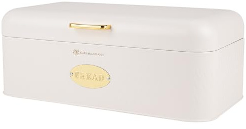 KARL HAUSMANN Brotkasten aus Metall mit Belüftung und Goldakzenten, Weiß | Brotbox mit Geometrische Frontprägung, Scharnierdeckel, ovale BREAD-Plakette, komfortabler Zugriff, schnell ausgewischt