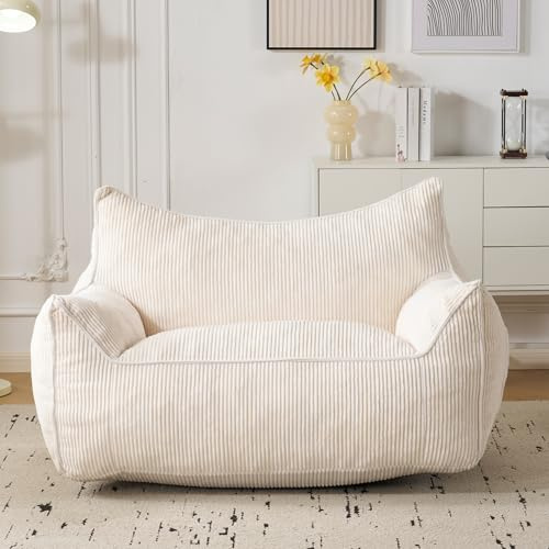 Fiximaster Sitzsack Cord mit Rückenlehne, Sitzsack Erwachsene mit Füllung, Großer Bean Bag aus Kunstfell, Bequemer Lounge-Sessel mit Hochdichtem Schaumstoff, Schlafzimmer & Wohnzimmer, Milchweiß