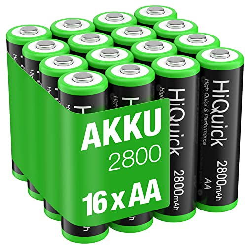 HiQuick AA Wiederaufladbare Batterien 2800mAh Hohe Kapazität 16er Pack | Recycling, 1200 Zyklen, vorgeladen, 1,2V NiMH Niedrige Selbstentladung AA Akkus, für hohem Stromverbrauch Kameras, Spielzeug