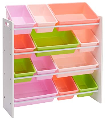 Amazon Basics Aufbewahrung für Kinderspielzeug, Spielzeug-Organizer mit 12 Plastikbehältern, weißes Holz mit pinken Behältern, 86 x 32.5 x 90.0 cm