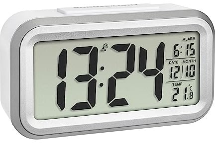 TFA Dostmann LUMIO Plus Digitaler Funkwecker mit Temperatur innen, 60.2553.02, großes beleuchtetes Display, Innentemperaturanzeige, Snooze-Funktion, Funkuhr mit Lichtsensor, Silber