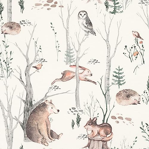 Rasch Kindertapete Waldtiere Kids World II - Märchenhafte Vliestapete Tiermotiv in Beige Grau Braun Grün für ein modernes Wohnambiente im Mädchen und Jungen Zimmer - 10,05 m x 0,53 m