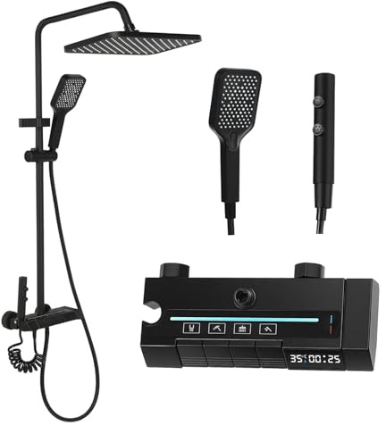 Duschsystem, 4 Strahlarten, Regendusche, Handbrause, Duscharmatur, Wasserhahn, Duschset mit LED-Digitalanzeige, höhenverstellbar, Edelstahl, schwarz