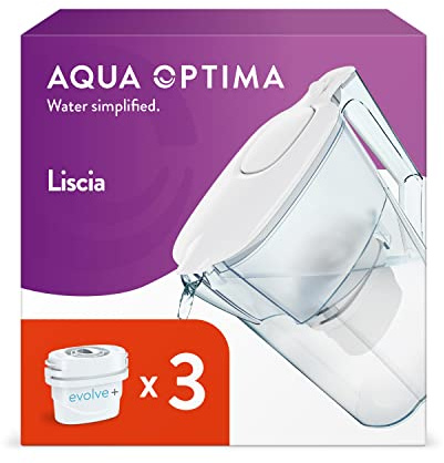 Aqua Optima Liscia Wasserfilterkanne & 3 x 30 Day Evolve+ Wasserfilterkartuschen, 2,5 Liter Fassungsvermögen, zur Reduzierung von Mikroplastik, Chlor, Kalk und Verunreinigungen, weiß, One Size