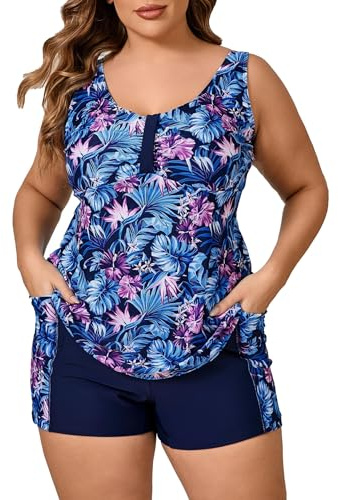 Halcurt Tankini Damen Große Größe Set mit BH Bauchweg Badeanzug 1X-4X | Vertellbare Träger, Tankini Oberteil mit Shorts, Atmungsaktiv, Schnell Trocknend
