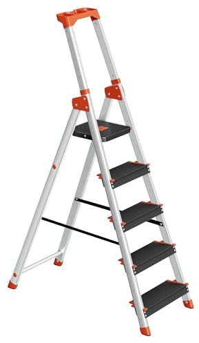 SONGMICS Leiter mit 5 Stufen, Aluleiter, 12 cm breite Stufen mit Riffelung, Anti-Rutsch-Füße, mit Handlauf, Werkzeugschale, bis 150 kg belastbar, schwarz-orange GLT05BK