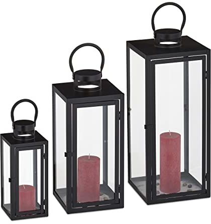 Relaxdays Laternen 3er Set, Deko Laternen für draußen & drinnen, schwarz | 3 Größen, modern, Metall Windlicht für Kerzen