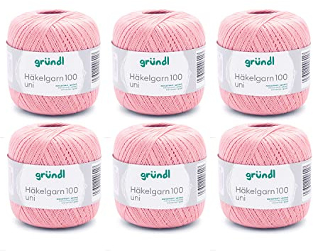 Gründl Wolle Häkelngarn 100 - dünne sommerliche Wolle zum Häkeln - Glänzend und waschbar - Baumwollgarn - 100% Baumwolle - 6 Knäuel 100 g / 566 m - Nadelstärke 1,5-2, helles lachs