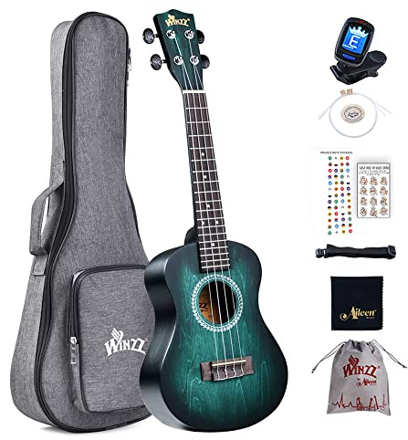 Winzz 23" Ukulele Konzert Anfänger Set Kinderm Erwachsene, Einzigartiges Farbdesign, mit Tasche, Stimmgerät, Zusätzlichen Saiten, Gurt, Noten-Aufkleber (Blau-Grü)