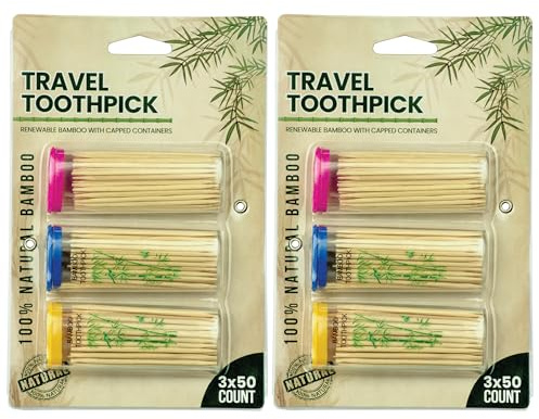 DecorRack 300 Zahnstocher Bambus mit 6 Tragbaren Zahnstocherspender – Tragbare Zahnstocherhalter für unterwegs & Reise – Nachfüllbare Zahnstocher-Etuis aus Holz – Kompakt & Transparent