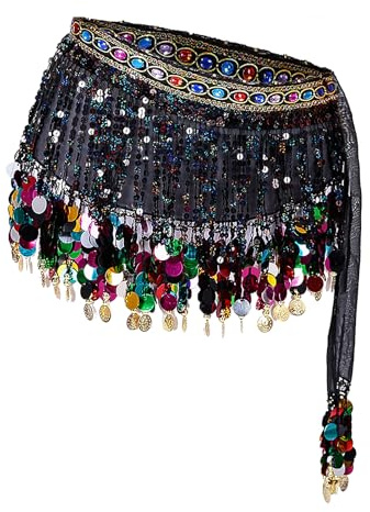 OhMill Damen Hüfttuch Sexy Bauchtanz Schal Pailletten Tanzgürtel mit Münzen Glitzer Aufführungen Kostüm Quasten Bauchtanzgürtel Für Latein Zumba Taillenkette Profi Wickelkleid Rave Wrap Hüftgürtel