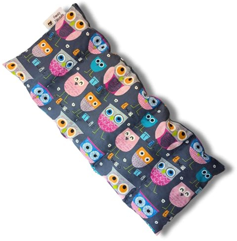 Franzis Nähstube 50x20cm Dinkelkissen Eule grau in 100% Baumwolle I Körnerkissen Dinkel 50x20 für Mikrowelle I Wärmekissen, Dinkelkernkissen, Nackenwärmekissen