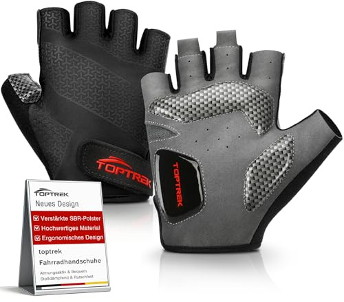 toptrek Fahrradhandschuhe Herren Damen mit 6mm SBR-Polstern MTB Handschuhe | Atmungsaktive Halbfinger Fahrrad Handschuhe Sommer, rutschfeste & Stoßdämpfende Radhandschuhe für Rennrad/MTB/Fitness