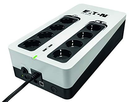Eaton 3S 850 DIN - Unterbrechungsfreie Stromversorgung (USV) - 850 VA mit Überspannungsschutz (8 DIN Ausgänge, Überspannungsschutz, 2 USB-Typ-A-Ladeanschlüsse) - Weiß & Schwarz (3S850D)