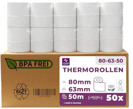 Thermorollen 80mm x 50m x 12mm - Kassenrollen - Bonrollen für Registrierkasse mit Bondrucker - Thermopapier für Kassensysteme – BPA Frei (Medium - 80x63x12 - 50 Meter - 50 Rollen)