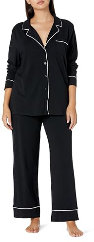 Amazon Essentials Damen Schlafanzug-Set aus Baumwollmodal mit langärmligem Hemd und durchgehendem Unterteil, Schwarz, S