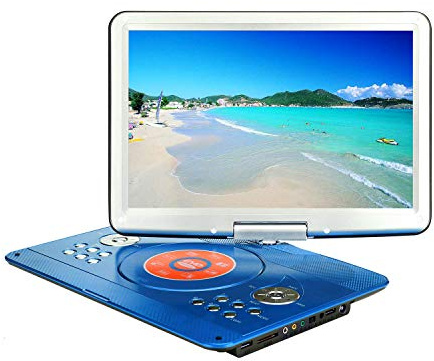 YOOHOO 16.9" tragbarer DVD Player für Auto und Kinder mit Bildschirm 14.1" HD Bildschirm,mit akku,unterstützt alle Regionen, mehrere Regionen, Auto DVD Player für Kinder, Kopfhörer/SD/USB,Blau