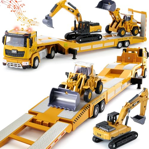 G.C Baufahrzeuge Kinder 1: 40 LKW Spielzeug mit Bagger Bulldozer, Langes Baustellenfahrzeuge Autotransporter Lastwagen mit Licht und Sound Kinder Spielzeug Geschenk für Junge 3 4 5 6 Jahre