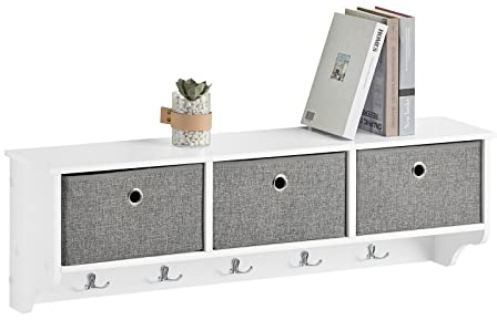 SoBuy Wandgarderobe Flurgarderobe Kleiderhaken Wandregal mit 3 Körben und 5 Haken, Garderobenleiste, Hängeregal für Flur, Schlafzimmer, Badezimmer, Weiß BHT ca. 100x31x20cm, FRG282-W