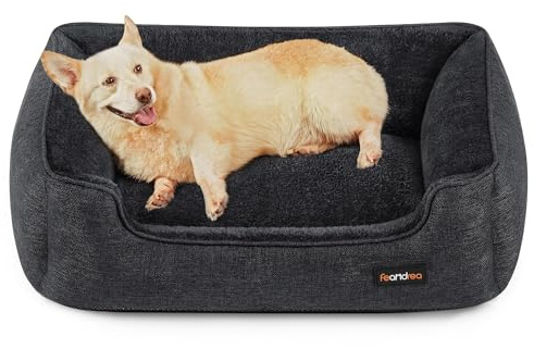 Feandrea Hundebett, Hundekissen in Leinenoptik, Hundekorb, erhöhte Ränder, rutschfeste Unterseite, Bezug abnehmbar waschbar, L, für mittelgroße Hunde, 90 x 75 x 25 cm, dunkelgrau PGW011G01
