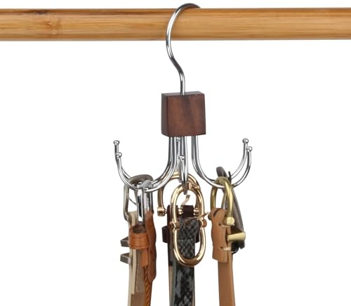 LMSAWK 360 Grad drehbarer Gürtelhalter aus Metall, Holz Gürtelbügel, Platzsparend Gürtelhalter, für Socken, Gürtel, Handschuhe, 6 Haken, Retro Farbe