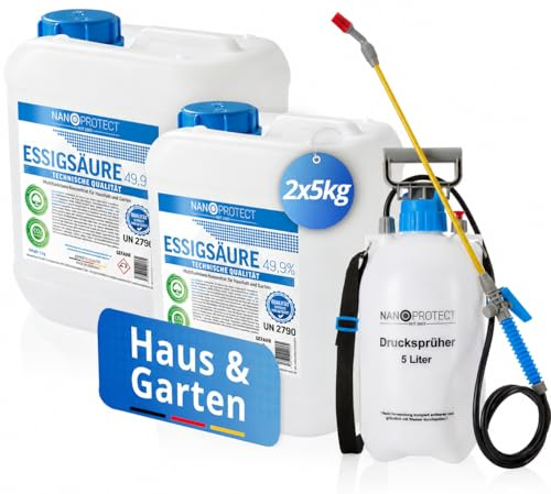 Nanoprotect 10 kg Essigsäure 49,9% + Drucksprüher - Reiniger & Entkalker | Klimaneutral aus regionalen Hölzern, ideal für Haus und Garten, hochkonzentrierte Profi-Qualität | Kein Gefahrgutversand