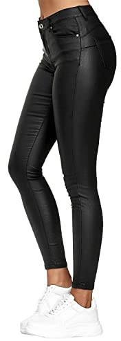 Onsoyours Damen Stretch Hosen Push Up Effekt Lederhose Biker Stretch Coated Kunstlederhose Leggings Knopfleiste