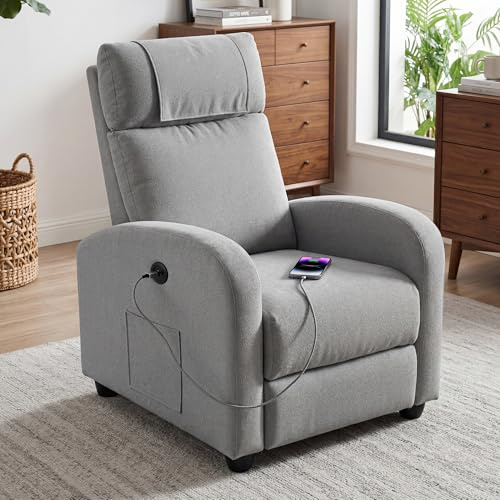 BonVache Relaxsessel, Fernsehsessel, Freizeitsessel mit USB- & Type-C-Ladeanschlüssen, verstellbare Rückenlehne und Fußstütze, Einzelsessel für Wohnzimmer, Schlafzimmer, Büro, Leinenstoff, Hellgrau