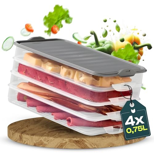 uandu Aufschnittboxen für Kühlschrank – 4 × 0,75 L für Wurst & Käse | Stapelbar, Luftdicht, Transparent, Platzsparend, Für Aufschnitt & Lebensmittel