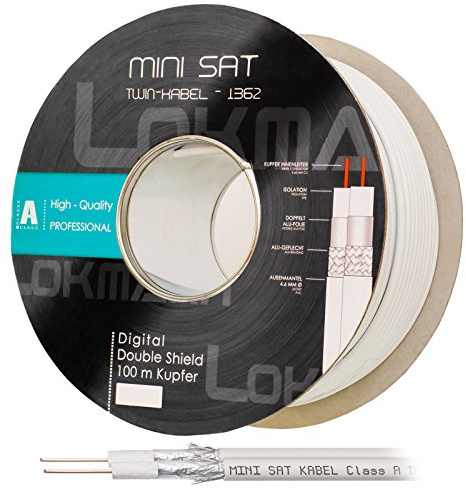 HB Digital 100m Koaxial Twin-SAT Kabel Reines KU Kupfer Klasse A Weiß extra dünn 4,6mm Ø A Class Koax Kabel Antennenkabel 100dB 2-Fach geschirmt für DVB-S / S2 DVB-C doppelt dual 2-Fach Vollkupfer
