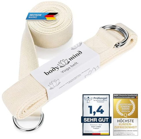 Body & Mind® Yogagurt aus 100% Natur Baumwolle - 250 cm lang; Yoga-Band Yoga-Gürtel mit D-Ring-für Anfänger & Fortgeschrittene; Pilates & Fitness Übungen (Beige)