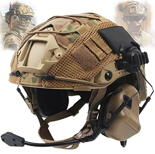Taktischer Helm Set mit Multicam Airsoft Helm Abdeckung & Militär Headset Adjustable Taktik Fast Protection Helm für Draussen Paintball CS Jagd BBS Spiel
