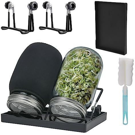 Deefongo Sprossenglas, Sprossen Keimglas 2er Set, Sprouting Jar mit Deckel, Sieb & Abtropfschale, Sprossen Keimgerät für Alfalfa Kresse Brokkoli Mungobohnen