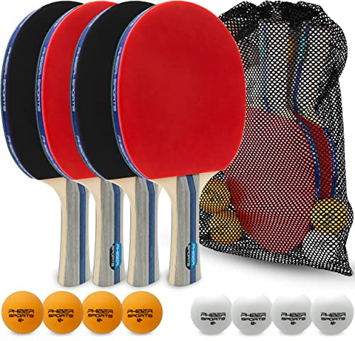 PHIBER-SPORTS Tischtennis Set mit 4 Tischtennisschläger + 8 Tischtennisbälle + Praktische Tragetasche | Indoor & Outdoor | Ideal für Anfänger, Familien und Profis - Tischtennisschlaeger