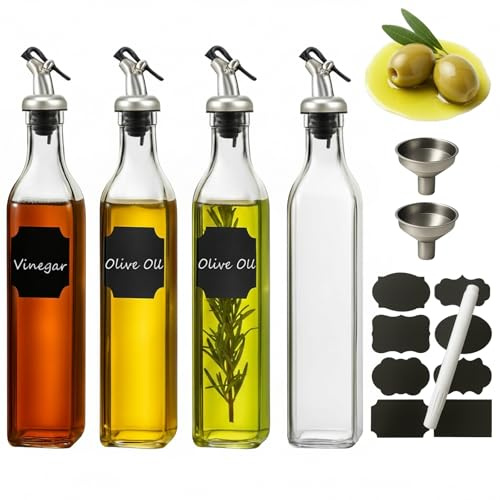WERTIOO Ölflasche 500ML, 4 Stück Olivenöl Flasche Essig und Ölflaschen Set, 17OZ Ölflasche mit Ausgießer Glas Flaschen Öl mit Trichter & Stift für Küche BBQ, Transparent