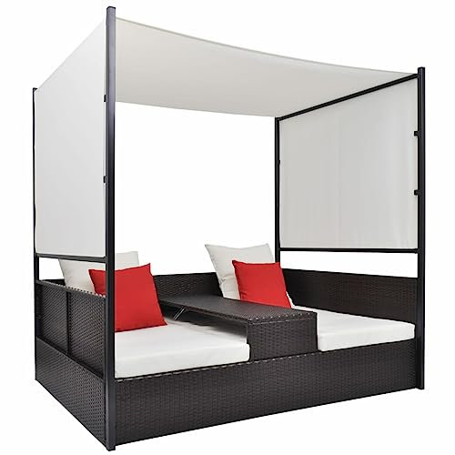 Gecheer Doppel-Liegebett Rattan-Liegebett für 2 Personen Mit verstellbarem Sonnendach,Doppel-Sonnenlie Mit Abnehmbares,verstellbares Sonnendach,Teetisch,Gartenlie Terrasse Garten Loungliege