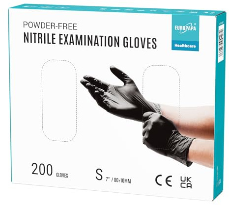 EUROPAPA® 200x Einweghandschuhe Nitrilhandschuhe puderfrei Untersuchungshandschuhe EN455 EN374 latexfrei Einmalhandschuhe Handschuhe in Gr. S, M, L & XL verfügbar (S, Schwarz)