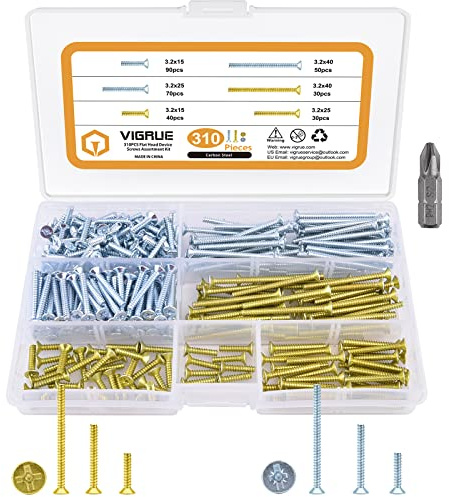 VIGRUE 310 Stück Geräteschrauben für Schalterdosen, Dosenschrauben 3,2x15mm, 3,2x25mm, 3,2x40mm, Senkschrauben mit PZ1/Schlitz Schrauben und Kreuz Schrauben in Sortimentskasten